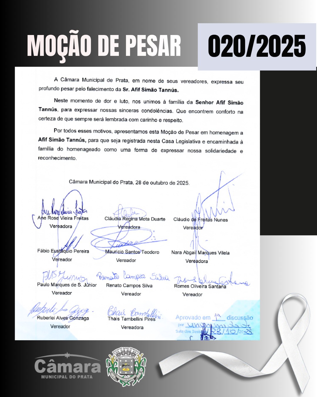 Câmara Municipal aprova Moção de Pesar que lamenta o falecimento de Sr. Afif Simão Tannús.