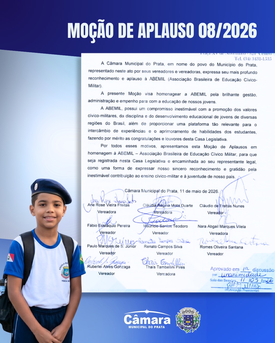 Câmara aprova moção que parabeniza ABEMIL - Associação Brasileira de Educação Cívico-Milita
