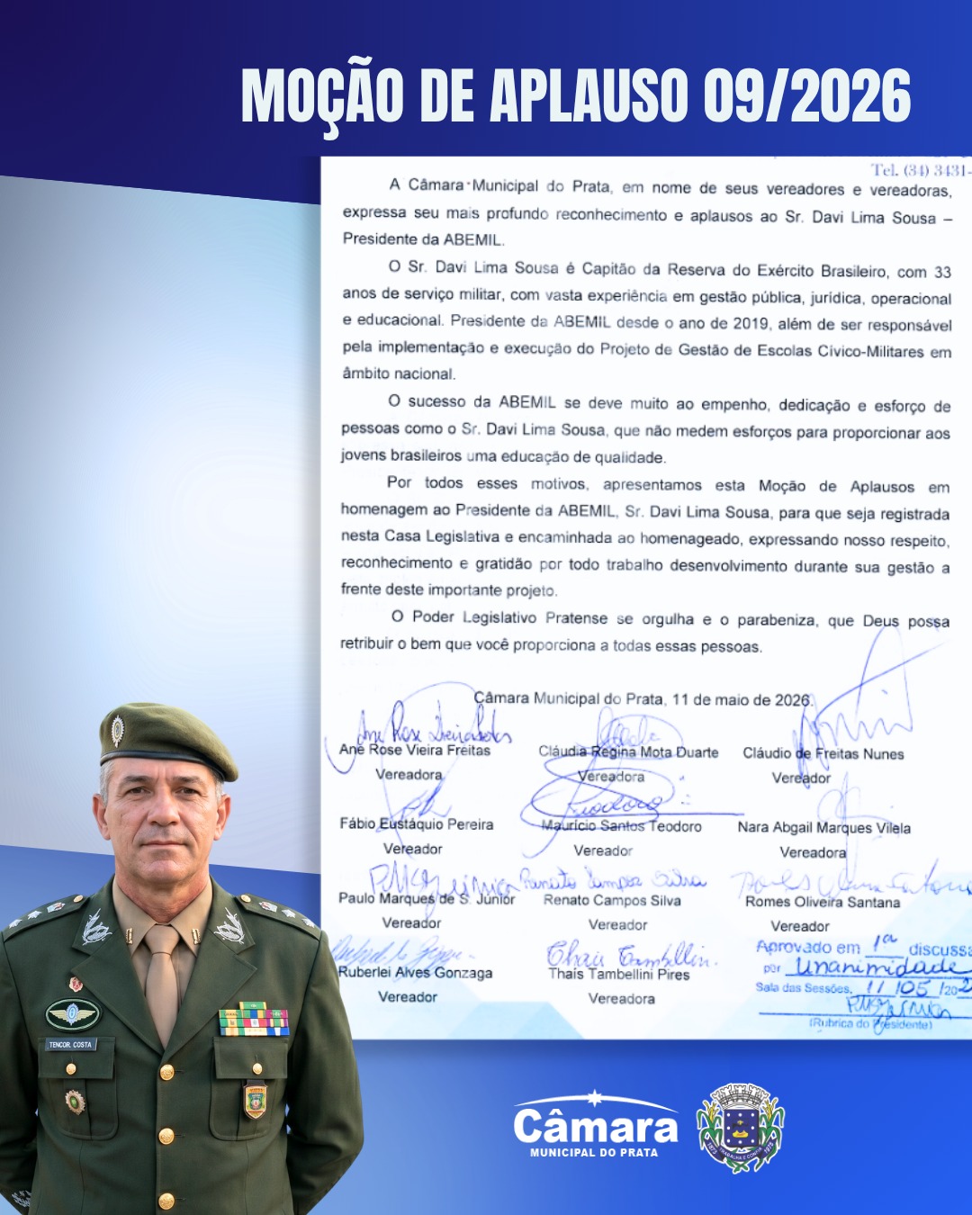 Câmara aprova moção que parabeniza ao Sr. Davi Lima Sousa – Presidente da ABEMIL.