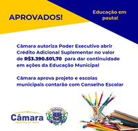 Câmara aprova projetos e Poder Executivo poderá abrir crédito adicional suplementar para investir na Educação