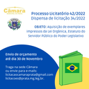 Dispensa de Licitação 034/2022 / Processo Licitatório 042/2022 - Exemplares impressos Lei Orgânica, Estatuto do Servidor Público Dispensa de Licitação 034/2022 / Processo Licitatório 042/2022 - Exemplares impressos Lei Orgânica, Estatuto do Servidor Público