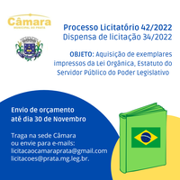 Dispensa de Licitação 034/2022 / Processo Licitatório 042/2022 - Exemplares impressos Lei Orgânica, Estatuto do Servidor Público 