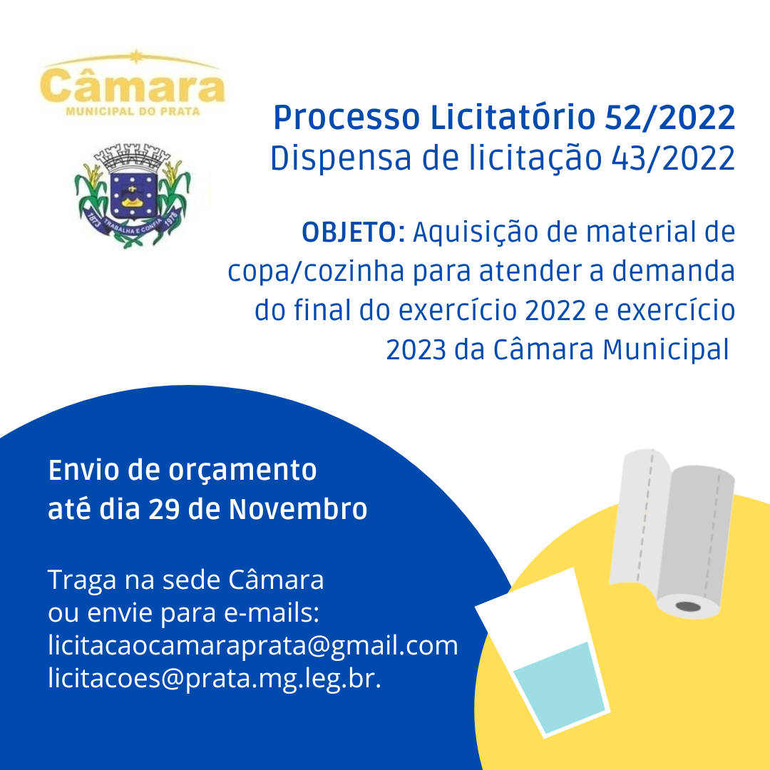 Dispensa de Licitação - 043/2022 / Processo Licitatório 052/2022 - Material de Copa e Cozinha