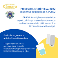 Dispensa de Licitação - 043/2022 / Processo Licitatório 052/2022 - Material de Copa e Cozinha