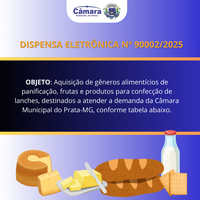 DISPENSA ELETRÔNICA 90002/2025 - Aquisição de gêneros alimentícios de panificação, frutas e produtos para confecção de lanches, destinados a atender a demanda da Câmara Municipal do Prata-MG.