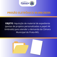 PREGÃO ELETRÔNICO 90.006/2025 - Aquisição de material de expediente (pastas de projetos personalizadas e papel A4 timbrado) para atender a demanda da Câmara Municipal do Prata-MG.