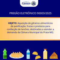 PREGÃO ELETRÔNICO 90003/2025 - Aquisição de salgados, refrigerante, suco e água para consumo dos servidores e vereadores nas Sessões Ordinárias, Extraordinárias e Solenes, encontros com autoridades, nos eventos da Escola do Legislativo/Parlamento Jovem e 
