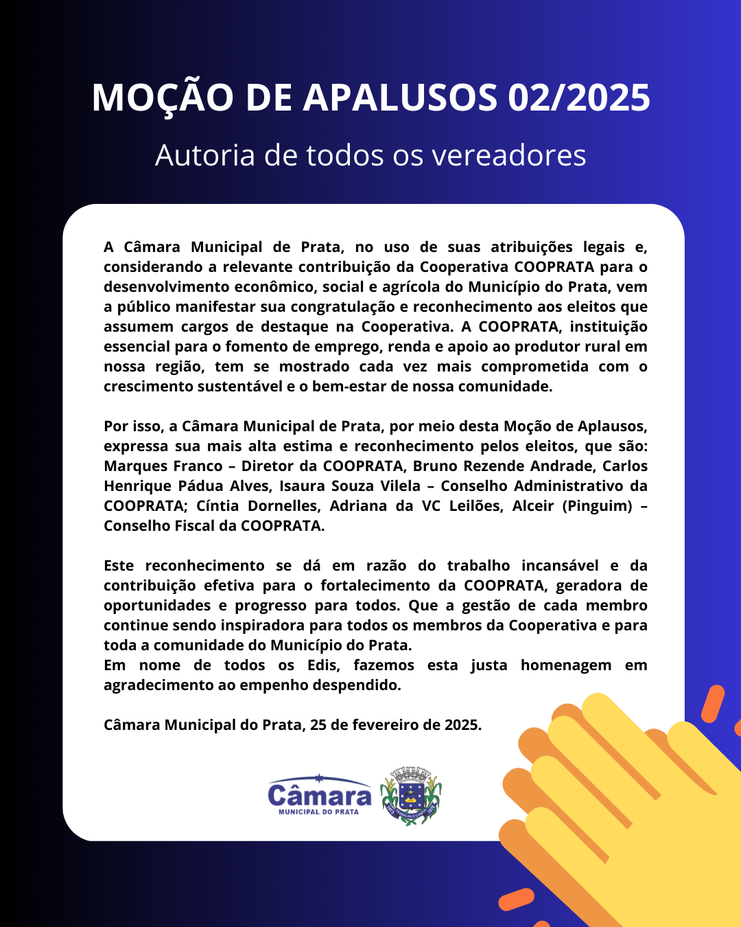 Vereadores aprovam moção de aplauso para COOPRATA