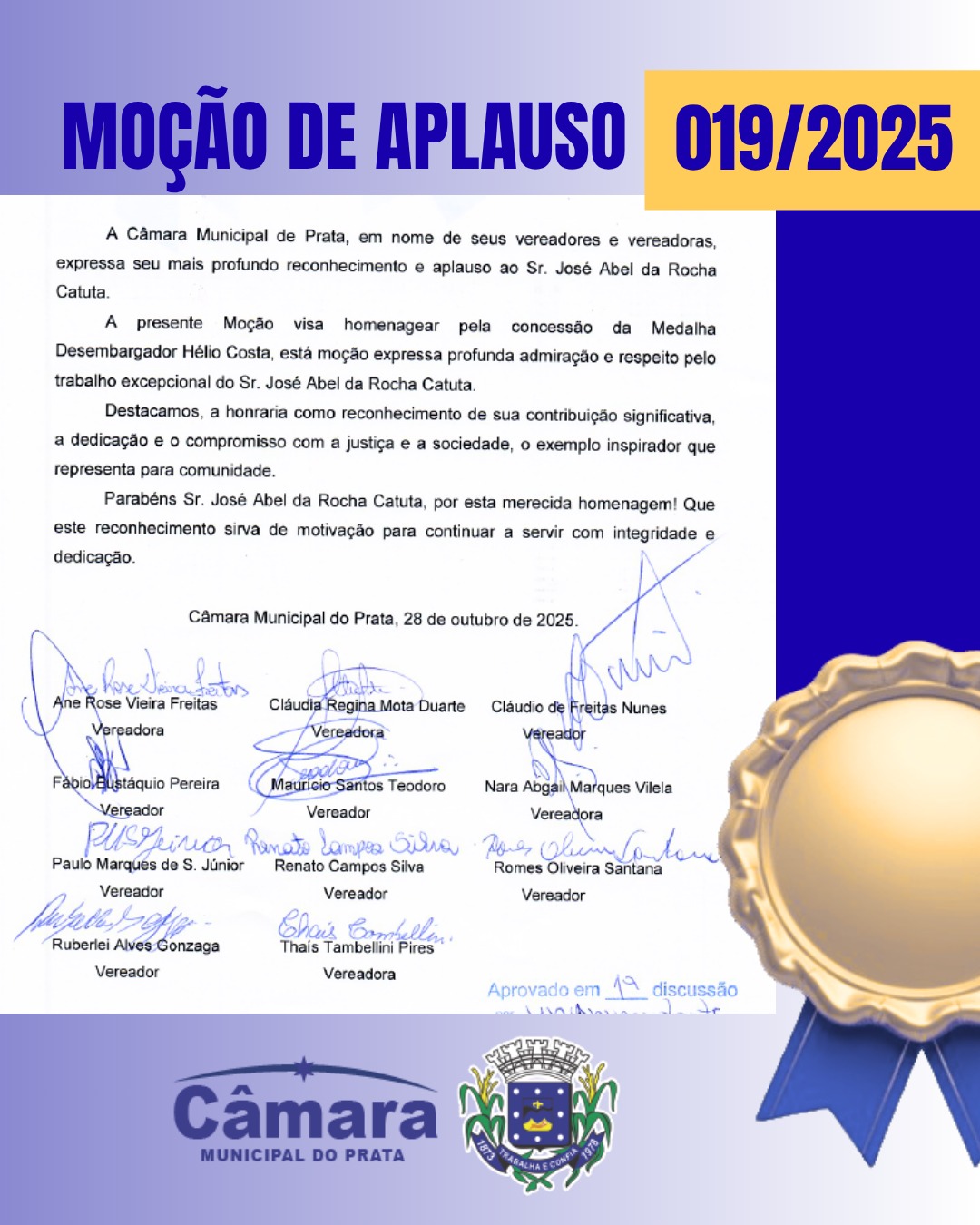 Câmara Municipal aprova Moção de Aplauso para parabeniza Sr. José Abel da Rocha Catuta.